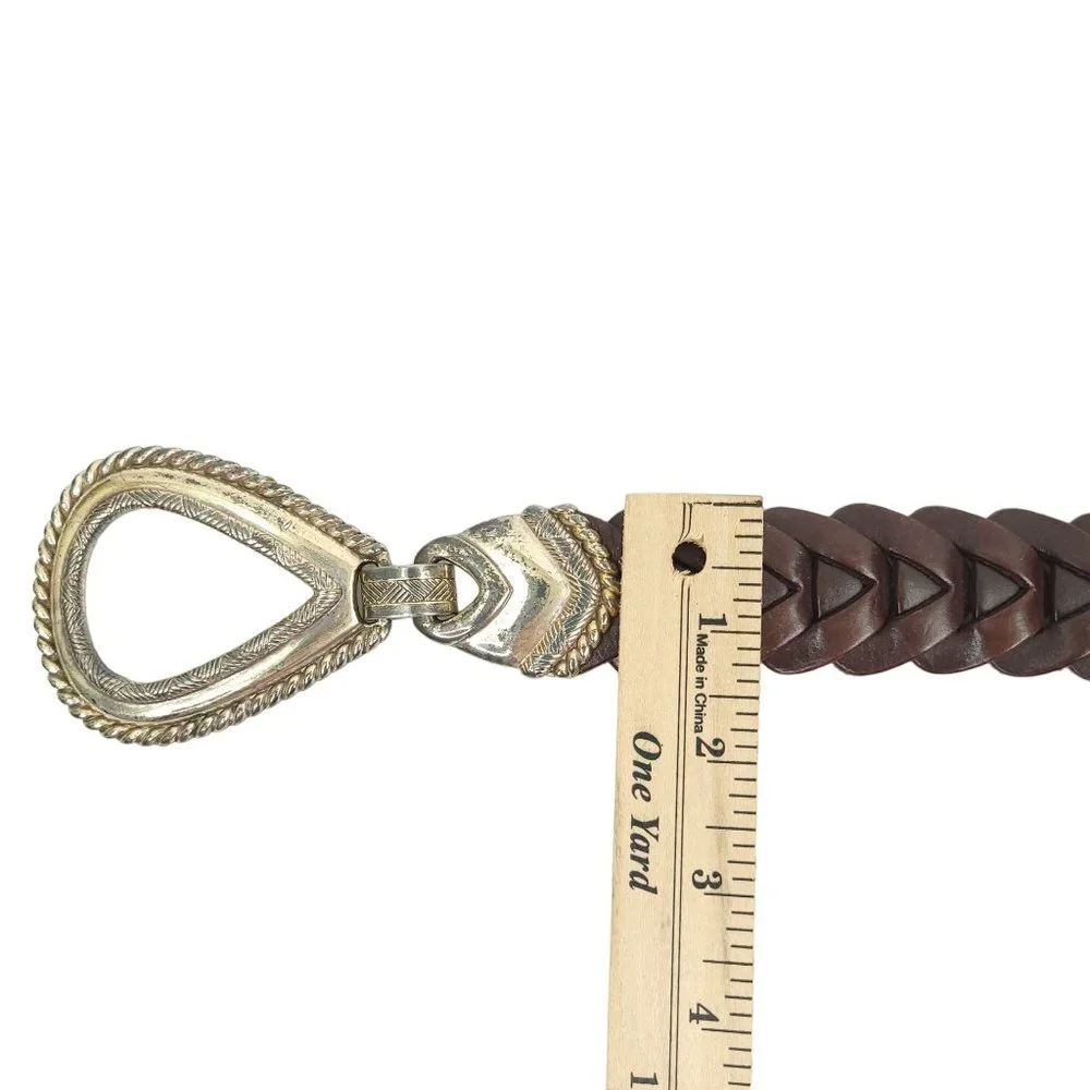 Braided Brown Leather Belt Vintage R.O.C. Womens Sz S Western Silver Tone Buckle